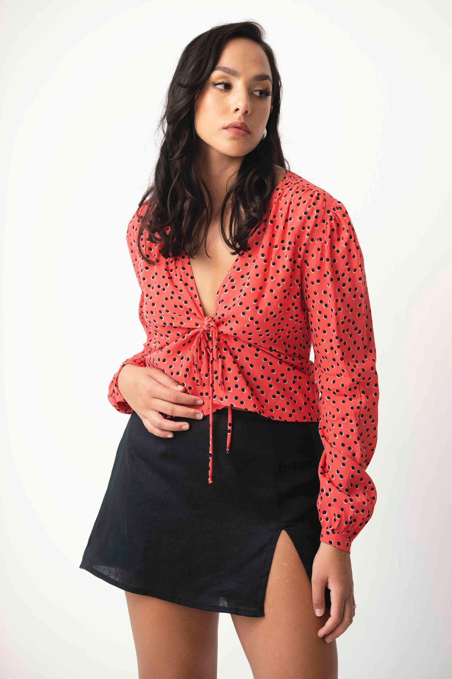 The Aida Top In Coral Polkadot