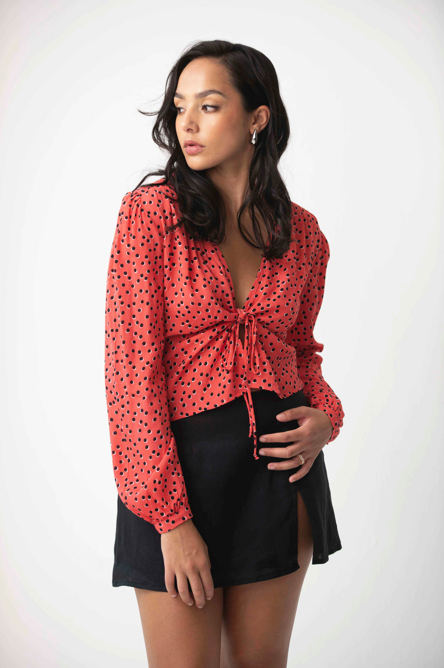 The Aida Top In Coral Polkadot